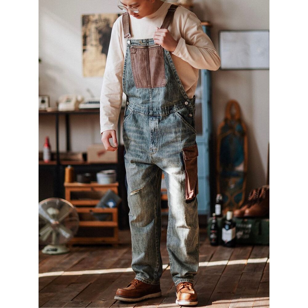 MadePants Workwear Denim Overalls Patchwork Carpenter Bib Jeans L Cotton